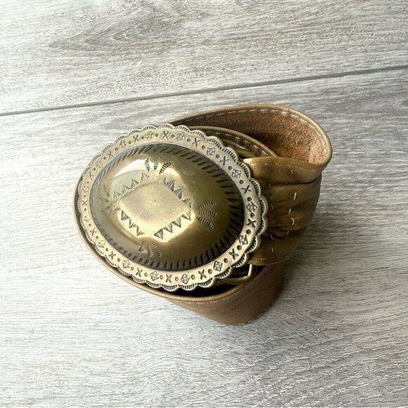None Accessories - Vintage Sold Brass Concho Buckle Metallic Gold Western Style Leather Belt